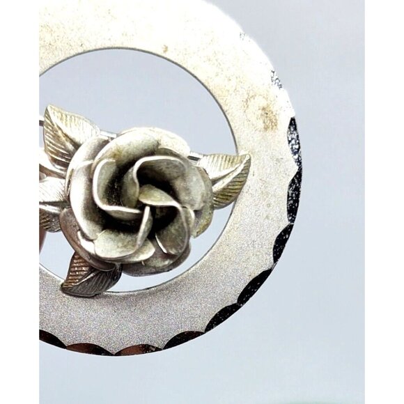 Rare Vintage Sterling Silver Floral Design Pin Flower Circle Brooch Lapel Pin - Picture 3 of 8